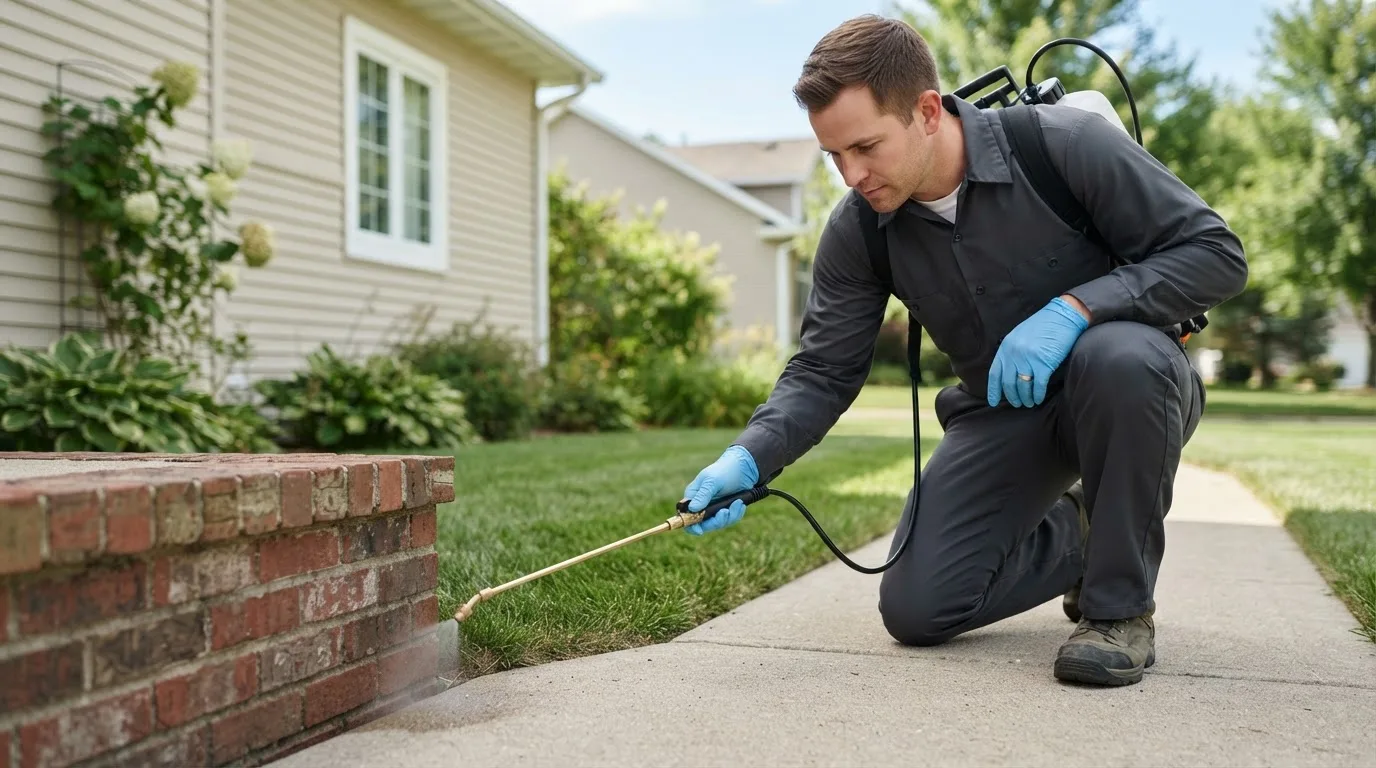 Pest control technician treating a home near Port Lions, AK